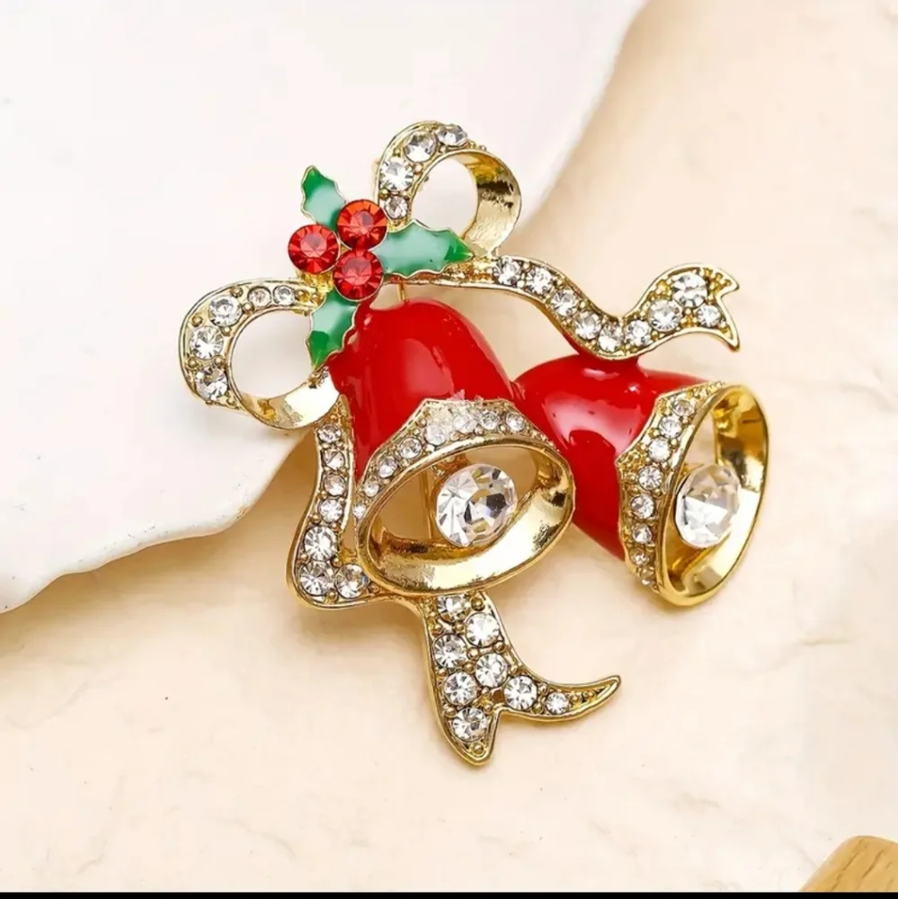 Christmas Bell Brooch Festive Pin With Rhinestones
